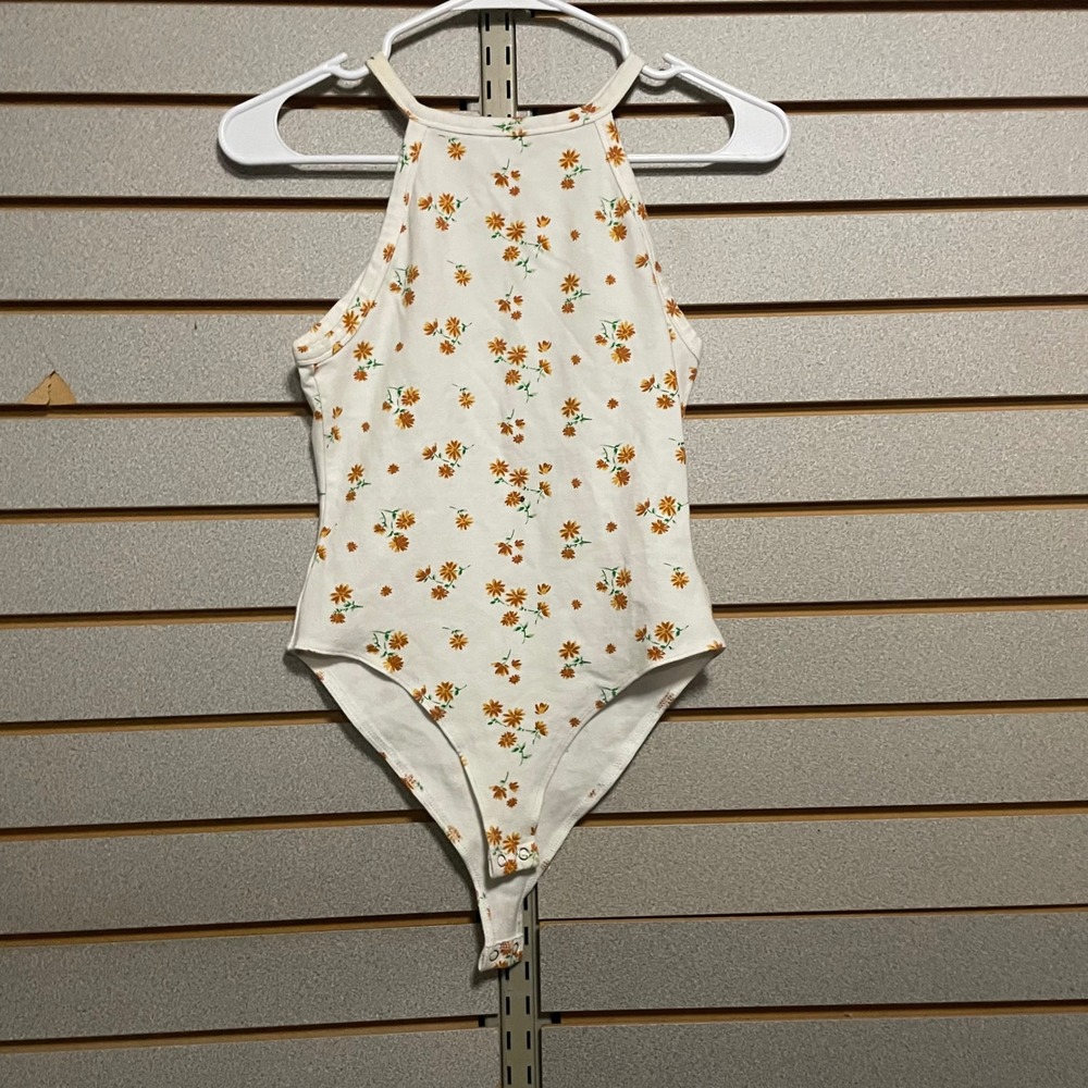 Forever 21 Womens Floral‎ Halter Bodysuit White Orange Daisy High Neck Small